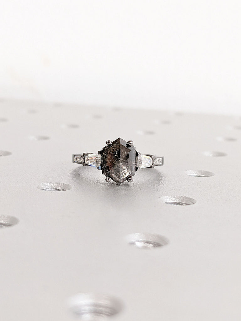 Vintage Hexagon cut Salt and Pepper Diamond Engagement Ring | 14K Black Gold 3 Stone Unique Proposal Ring | Art Deco Diamond Wedding Band