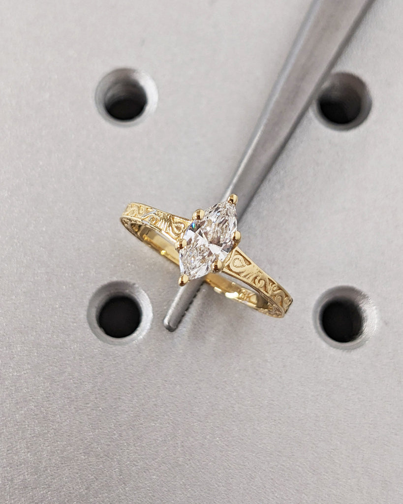 Marquise Cut Moissanite Ring Vintage Moissanite Engagement Ring Solid Gold Unique Classic Solitaire Engagement Ring Filigree Hand Carved