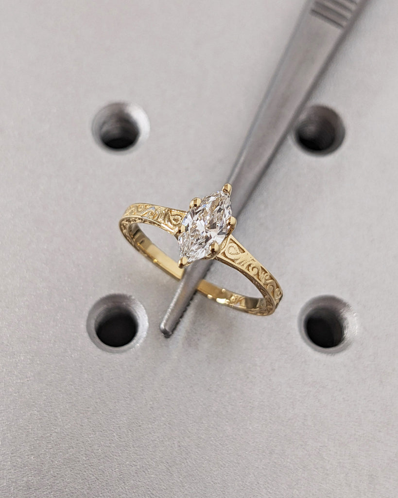 Marquise Cut Moissanite Ring Vintage Moissanite Engagement Ring Solid Gold Unique Classic Solitaire Engagement Ring Filigree Hand Carved