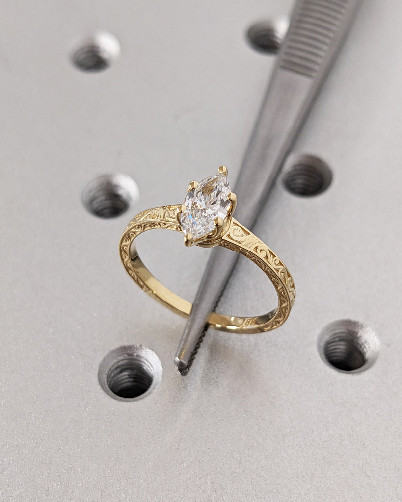 Marquise Cut Moissanite Ring Vintage Moissanite Engagement Ring Solid Gold Unique Classic Solitaire Engagement Ring Filigree Hand Carved