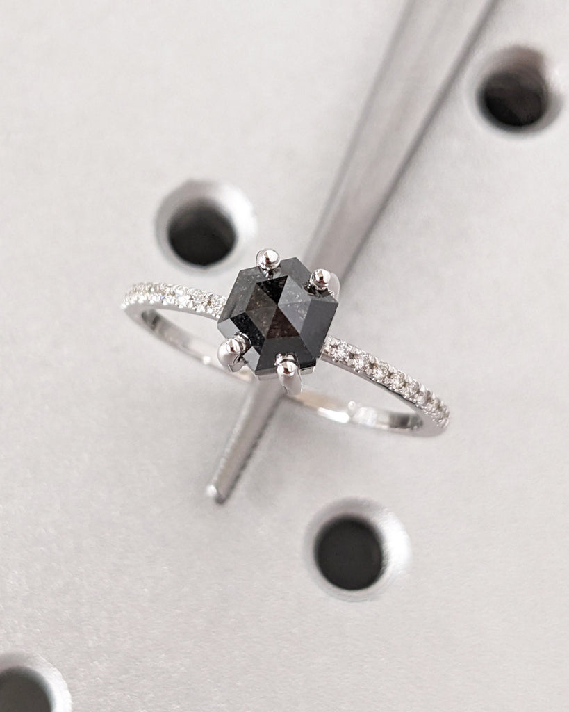 1920's Raw Salt and Pepper Diamond, Hexagon Diamond Ring, Unique Engagement Bridal Set, Black, Gray Hexagon, 14k Yellow, Rose, or White Gold