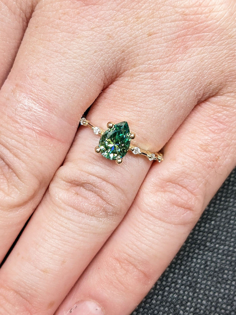 1, 1.5, 2CT Green Moissanite Engagement Ring | Pear cut Ring | Dainty Promise Ring | Floating Bubble Diamond Band | Knife-Edge Gold Ring