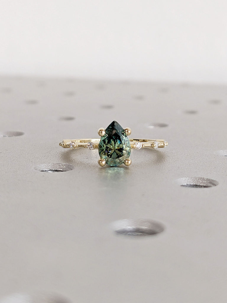 Art Deco Green Moissanite Yellow Gold Engagement Ring for Her | Pear cut Ring | Unique Proposal Ring | 14K Thin Gold Band | Knife-Edge Ring