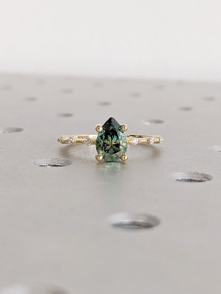 Art Deco Green Moissanite Yellow Gold Engagement Ring for Her | Pear cut Ring | Unique Proposal Ring | 14K Thin Gold Band | Knife-Edge Ring