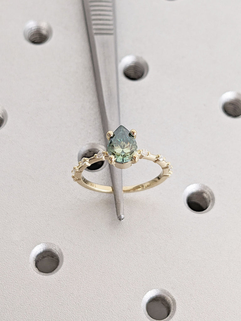 Art Deco Green Moissanite Yellow Gold Engagement Ring for Her | Pear cut Ring | Unique Proposal Ring | 14K Thin Gold Band | Knife-Edge Ring