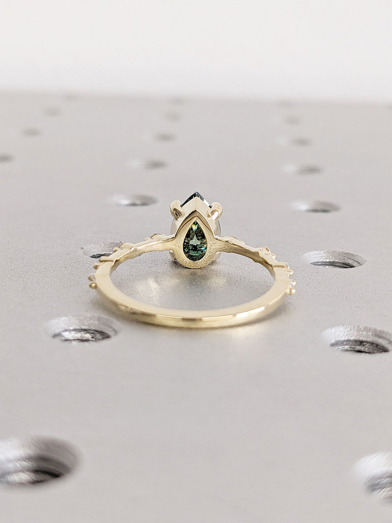 Art Deco Green Moissanite Yellow Gold Engagement Ring for Her | Pear cut Ring | Unique Proposal Ring | 14K Thin Gold Band | Knife-Edge Ring