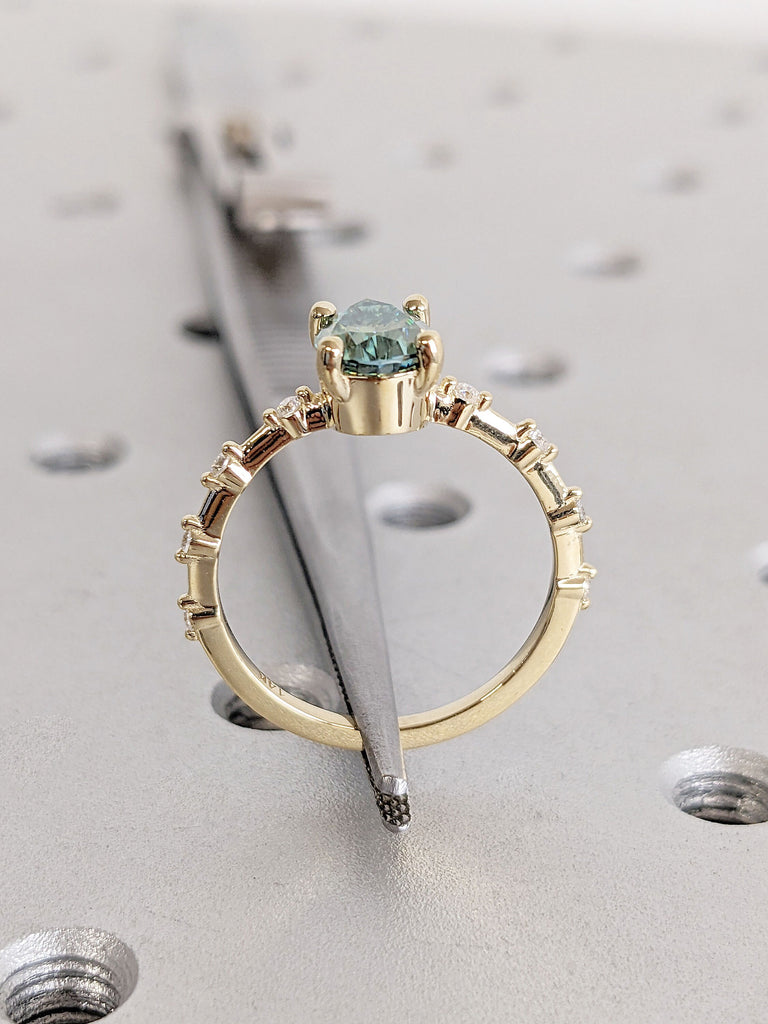 Art Deco Green Moissanite Yellow Gold Engagement Ring for Her | Pear cut Ring | Unique Proposal Ring | 14K Thin Gold Band | Knife-Edge Ring