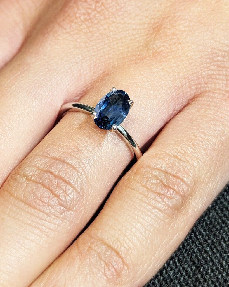 Oval Cut Blue Lab Sapphire Engagement Ring / Oval Shape Lab Grown Blue Sapphire Ring / Oval Solitaire Ring / 4 Prong Setting Minimalist Ring