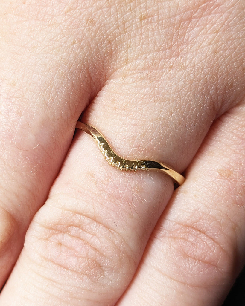 Minimalist Curved Wedding Band: 1.5mm Thin, Matching Promise Ring with Pave Diamonds or Moissanites, Solid Gold Ring, Bridal Jewelry image #2