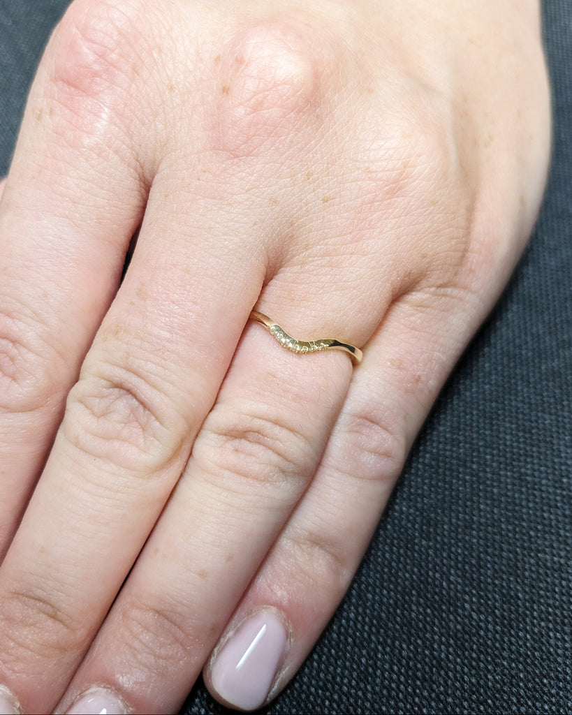 Seven Stone Curved Wedding Band | Natural Diamond, Lab Diamond or Moissanite Wedding Band | Dainty 1.5mm Band, Unique Matching Stacking Ring image #6
