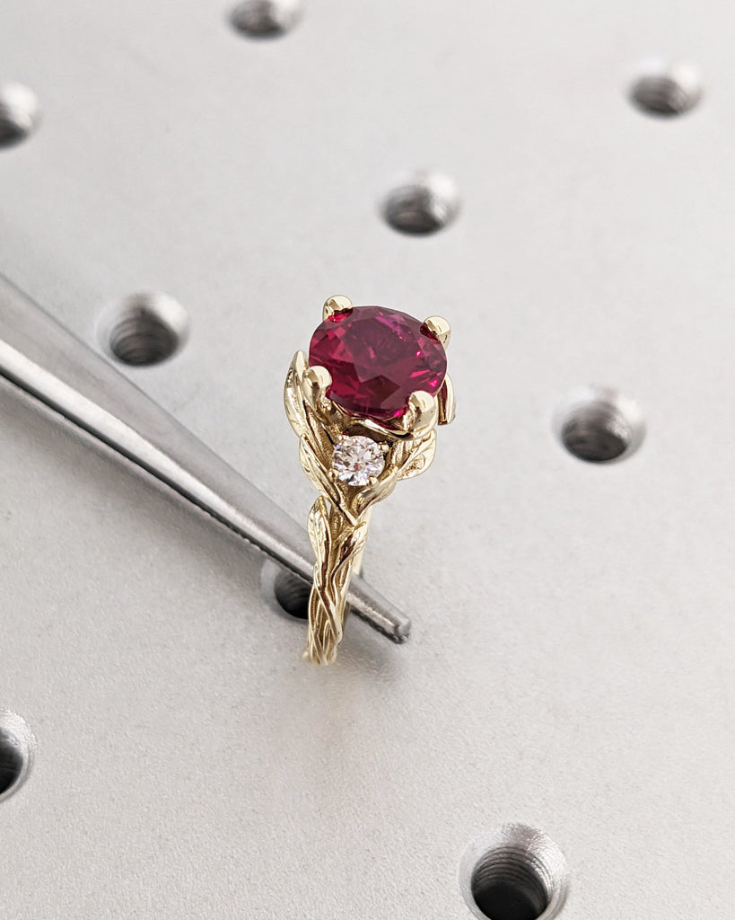 Round Red Ruby 14K Real Gold Promise Ring | Nature Inspired Leaves Motif Engagement Ring | Custom Wedding Anniversary Ring for Her | Trellis