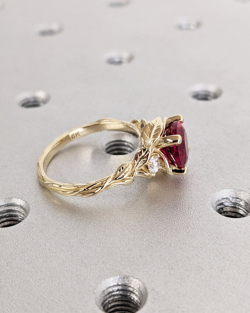 Round Red Ruby 14K Real Gold Promise Ring | Nature Inspired Leaves Motif Engagement Ring | Custom Wedding Anniversary Ring for Her | Trellis