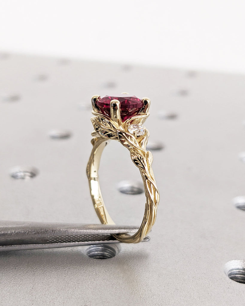 Round Red Ruby 14K Real Gold Promise Ring | Nature Inspired Leaves Motif Engagement Ring | Custom Wedding Anniversary Ring for Her | Trellis