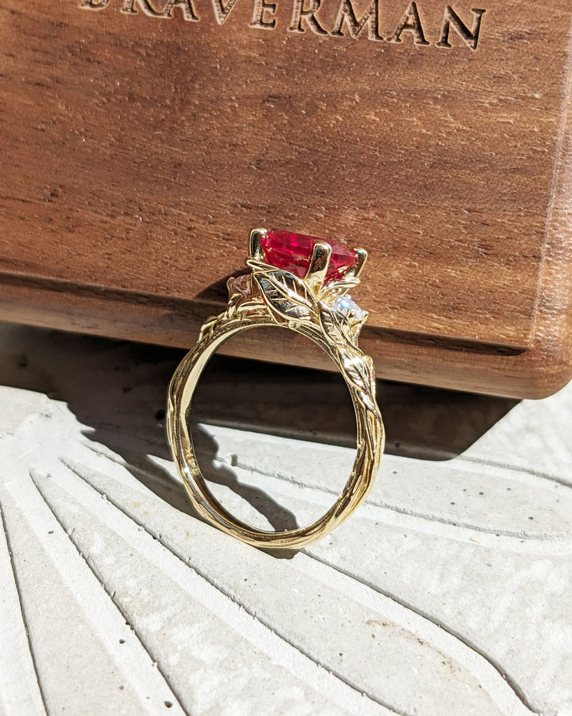 Round Red Ruby 14K Real Gold Promise Ring | Nature Inspired Leaves Motif Engagement Ring | Custom Wedding Anniversary Ring for Her | Trellis