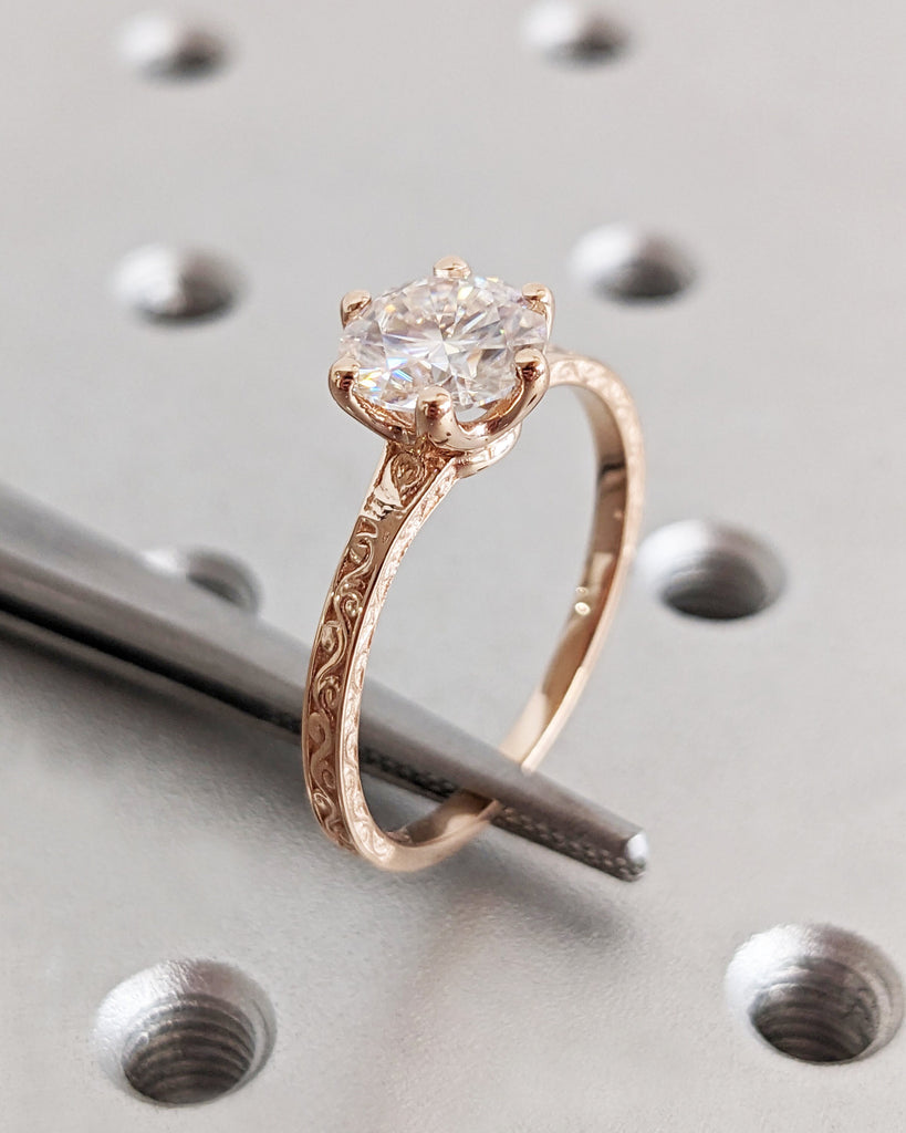 Colorless Moissanite 14k Rose /White /Yellow Gold Engagement Ring Art Deco 1920's Inspired Thin Petite Band 18k Unique Promise Ring for Her