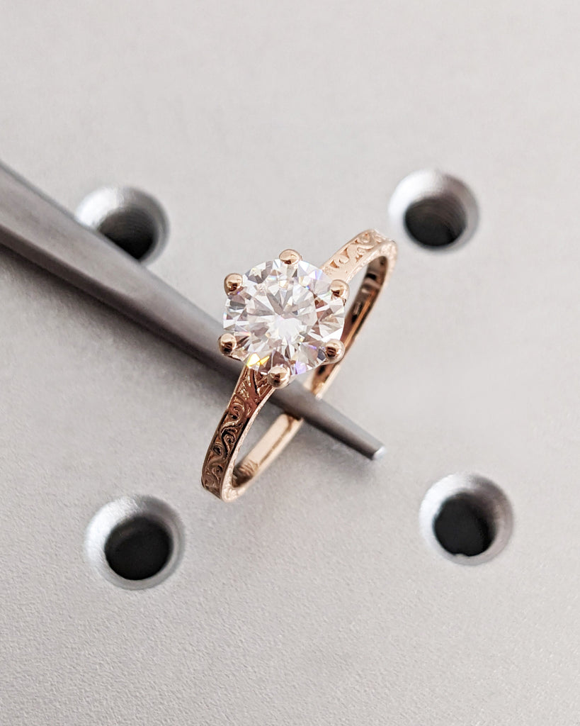 Colorless Moissanite 14k Rose /White /Yellow Gold Engagement Ring Art Deco 1920's Inspired Thin Petite Band 18k Unique Promise Ring for Her