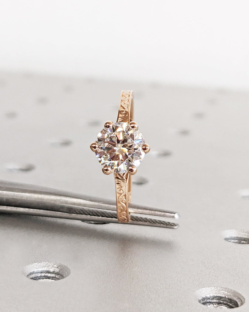 Colorless Moissanite 14k Rose /White /Yellow Gold Engagement Ring Art Deco 1920's Inspired Thin Petite Band 18k Unique Promise Ring for Her