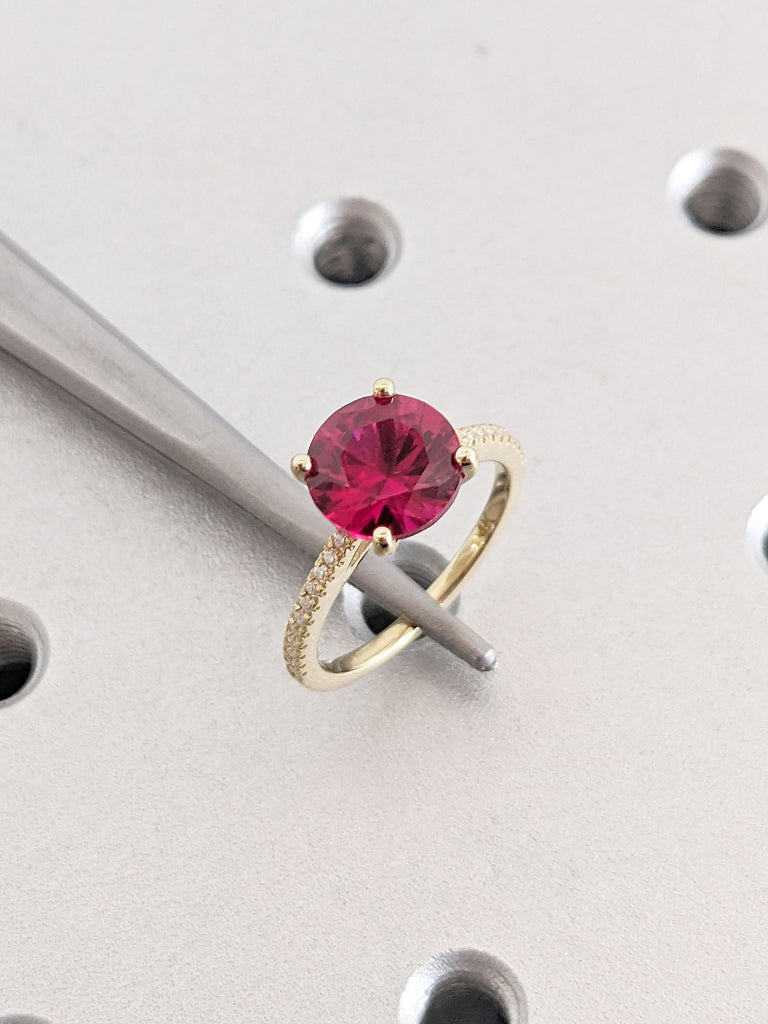 Vintage Round cut Ruby Engagement Ring | 14K Yellow Gold Ruby Ring, Cathedral Setting, High Profile Prongs, Moissanite, Half Eternity Band