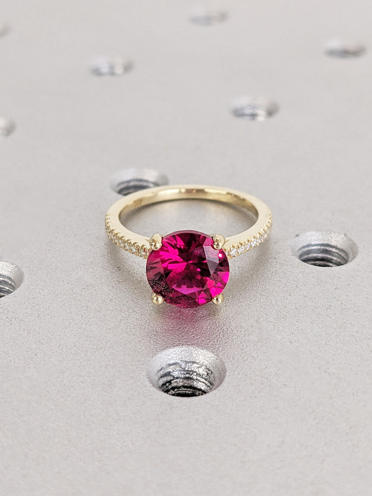 Vintage Round cut Ruby Engagement Ring | 14K Yellow Gold Ruby Ring, Cathedral Setting, High Profile Prongs, Moissanite, Half Eternity Band