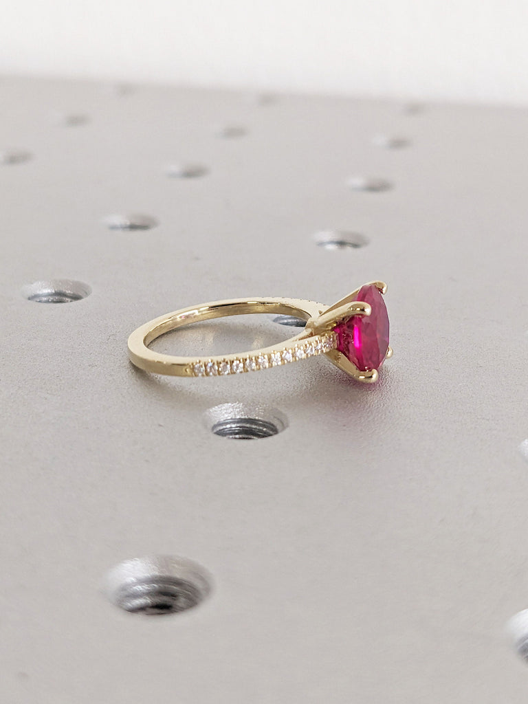 Vintage Round cut Ruby Engagement Ring | 14K Yellow Gold Ruby Ring, Cathedral Setting, High Profile Prongs, Moissanite, Half Eternity Band