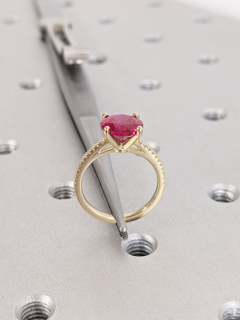 Vintage Round cut Ruby Engagement Ring | 14K Yellow Gold Ruby Ring, Cathedral Setting, High Profile Prongs, Moissanite, Half Eternity Band