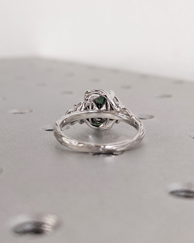 Nature Inspired Green Moissanite Engagement Ring Leaves Band Moissanite Diamond Wedding Ring Leaf Vine Branch Alternative Engagement Ring