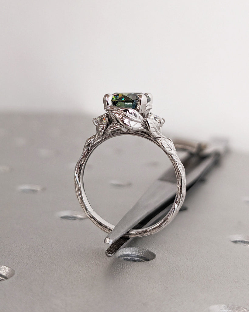 Nature Inspired Green Moissanite Engagement Ring Leaves Band Moissanite Diamond Wedding Ring Leaf Vine Branch Alternative Engagement Ring