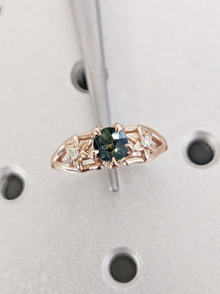 Round Teal Sapphire Flower Three Stone Engagement Ring | Gorgeous Sapphire Wedding Ring | Unique Vintage Engagement Ring, Anniversary Gifts