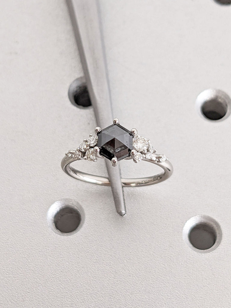 1CT Salt and Pepper Grey Diamond Platinum Engagement Ring | Unique Snowdrift 6 Prong Diamond Cluster Promise Ring | Wedding Ring for Her