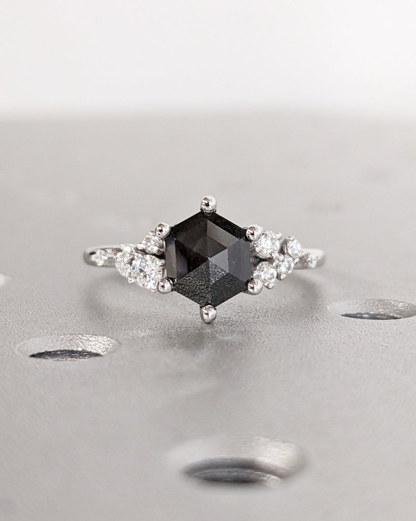 Hexagon Salt and Pepper Grey Diamond White Gold Engagement Ring | Unique Snowdrift 6 Prong Diamond Cluster Promise Ring Wedding Ring For Her