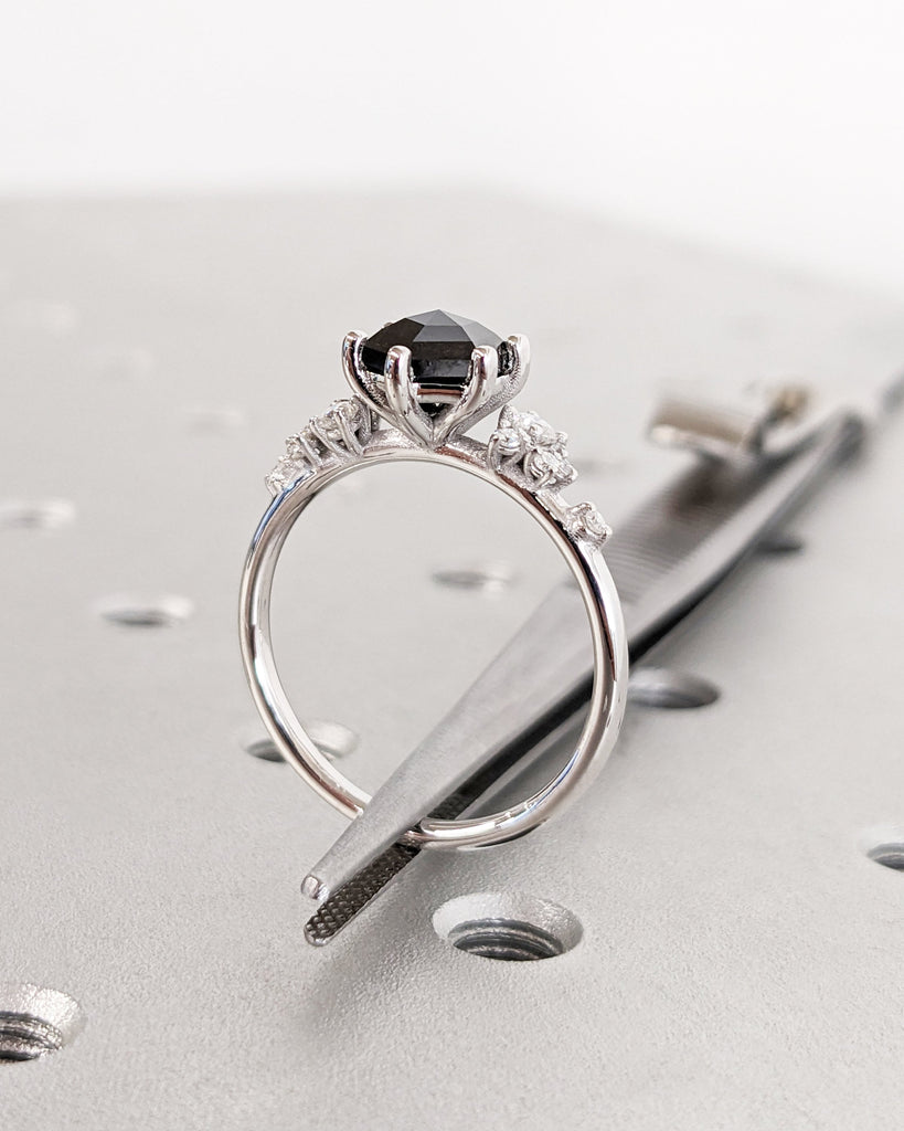 Hexagon Salt and Pepper Grey Diamond White Gold Engagement Ring | Unique Snowdrift 6 Prong Diamond Cluster Promise Ring Wedding Ring For Her