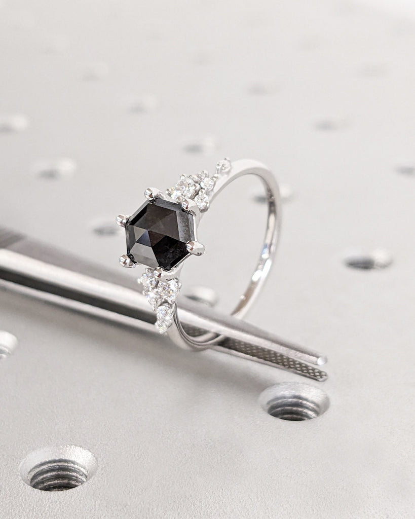 Hexagon Salt and Pepper Grey Diamond White Gold Engagement Ring | Unique Snowdrift 6 Prong Diamond Cluster Promise Ring Wedding Ring For Her