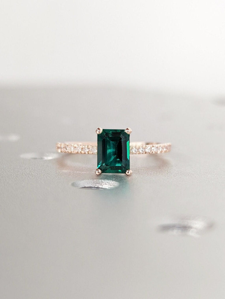 Classic Style Lab Emerald Engagement Ring, Emerald Cut Emerald Ring, Rose Gold Emerald Ring, Dainty Band, Accent Round Diamonds/Moissanites