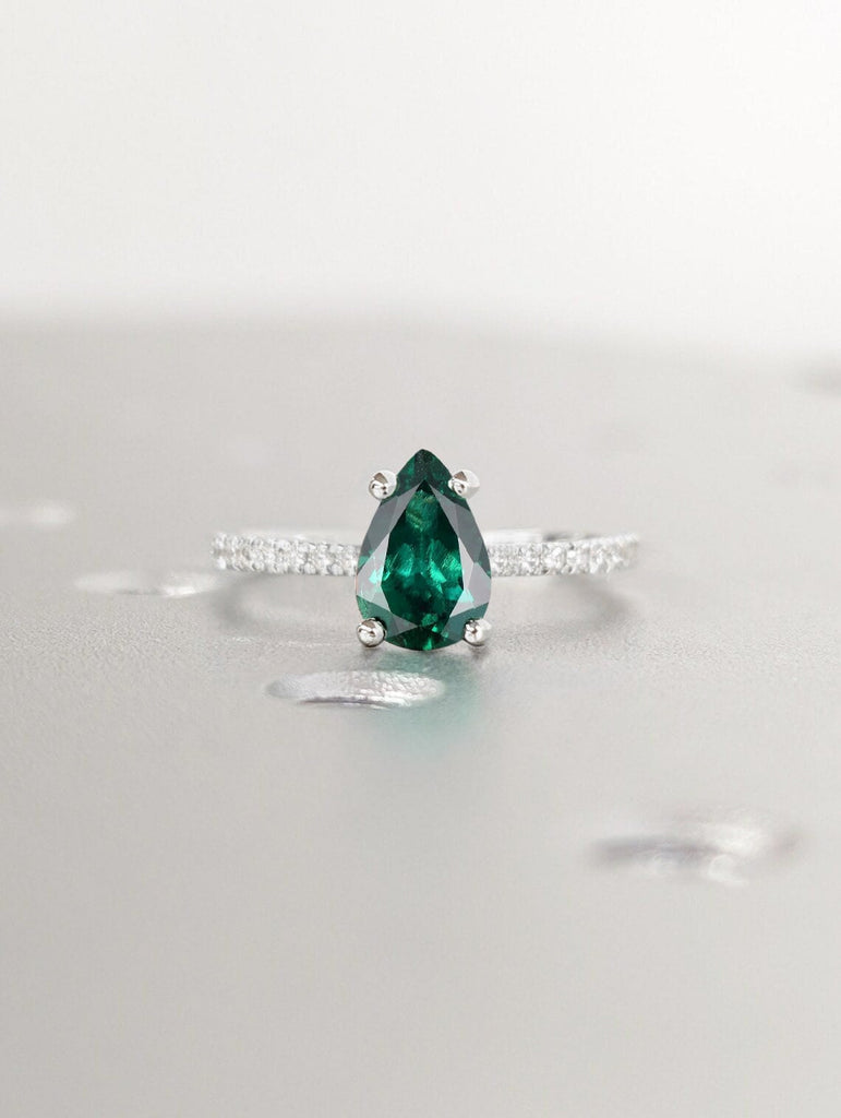 Pear cut Emerald Solitaire Engagement Ring | Vintage Proposal Ring | 14K White Gold Diamond Eternity Wedding Band | Anniversary Gift for Her