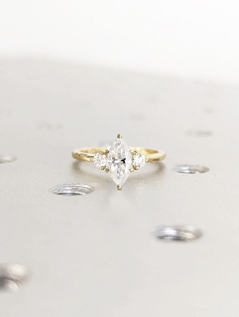 14k Solid Gold Vintage Marquise Moissanite Engagement Ring for Women | Round Moissanite Cluster Ring | 0.5, 1, 1.5, 2 CT Unique Promise Ring