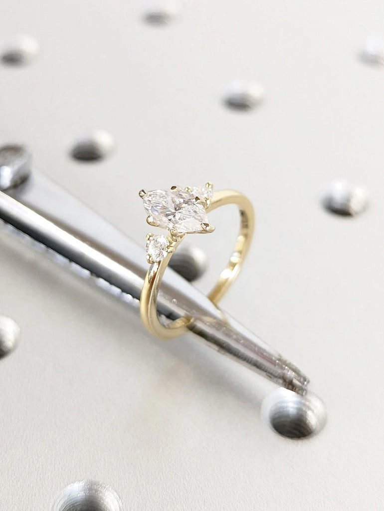 14K 18K Yellow Gold Engagement Ring | Marquise Moissanite Soliatire Ring | 3 Stone Moissanite Ring | 0.5, 1, 1.5, 2 CT Unique Proposal Ring