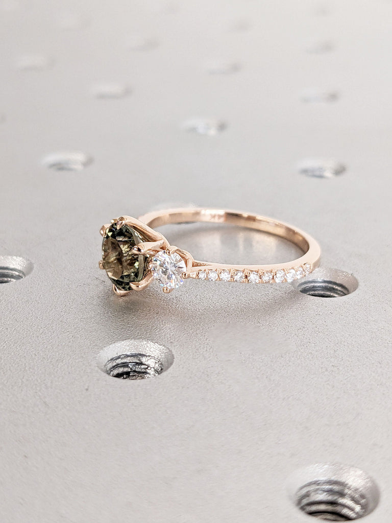 14k Rose Gold Engagement Ring | Solid Gold Vintage Green Tourmaline Ring | Mothers Round Three Stone Ring | Dainty Art Deco Trellis Ring