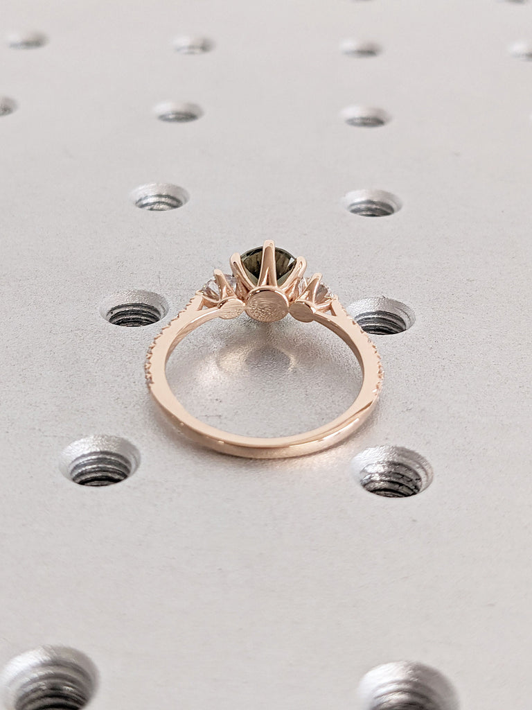 14k Rose Gold Engagement Ring | Solid Gold Vintage Green Tourmaline Ring | Mothers Round Three Stone Ring | Dainty Art Deco Trellis Ring