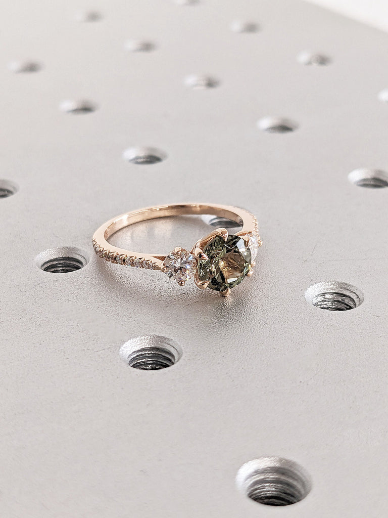 14k Rose Gold Engagement Ring | Solid Gold Vintage Green Tourmaline Ring | Mothers Round Three Stone Ring | Dainty Art Deco Trellis Ring