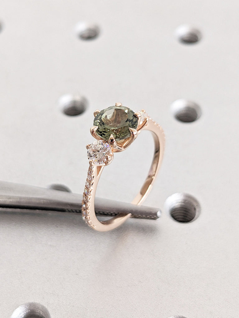 14k Rose Gold Engagement Ring | Solid Gold Vintage Green Tourmaline Ring | Mothers Round Three Stone Ring | Dainty Art Deco Trellis Ring