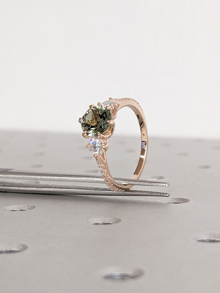 14k Rose Gold Engagement Ring | Solid Gold Vintage Green Tourmaline Ring | Mothers Round Three Stone Ring | Dainty Art Deco Trellis Ring