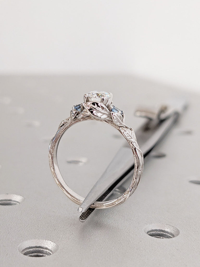 Floral Leafs Twigs Rustic Promise Anniversary Ring for Her | 14k White Gold Engagement Ring | 0.5ct Moissanite Round cut