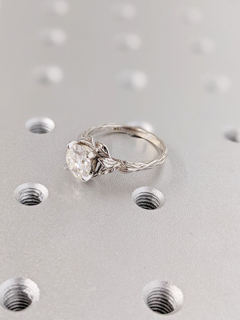 Nature Inspired Round cut Moissanite Wedding Anniversary Ring for Wife | 1, 1.5, 2ct Moissanite Ring | Solid Gold Unique Engagement Ring