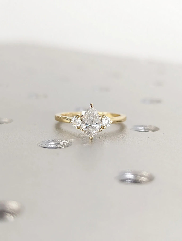 14K Yellow Gold Vintage Pear cut Moissanite Engagement Ring for Her | Round Diamond Cluster Ring | 0.5, 1, 1.5, 2 CT Unique Proposal Ring