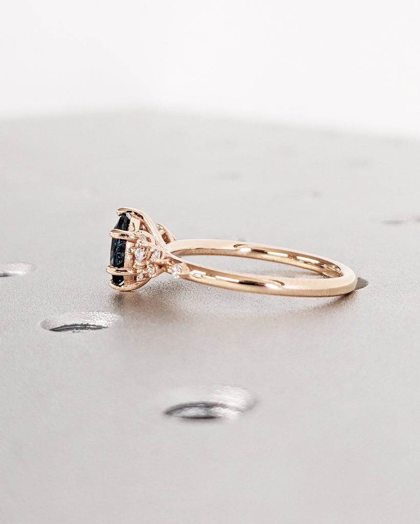 Blue Green sapphire ring. Peacock engagement ring. Oval Teal sapphire ring. 14k 18k rose gold engagement ring. Cluster diamond ring Art deco