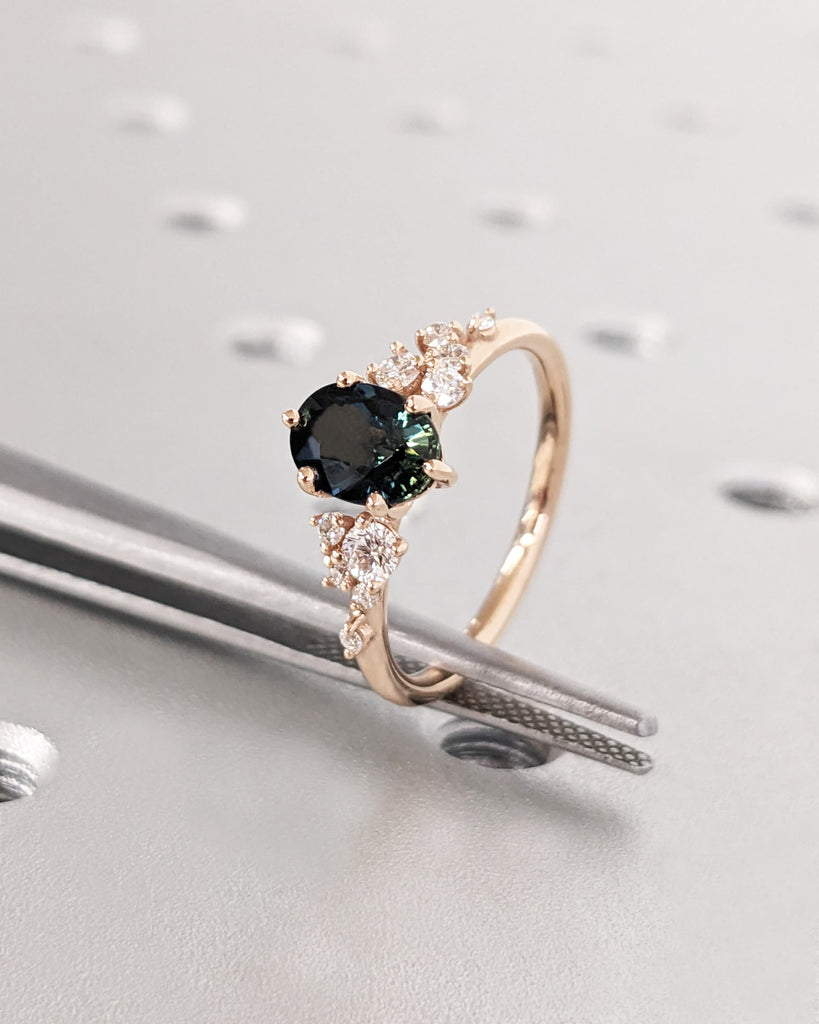 Blue Green sapphire ring. Peacock engagement ring. Oval Teal sapphire ring. 14k 18k rose gold engagement ring. Cluster diamond ring Art deco