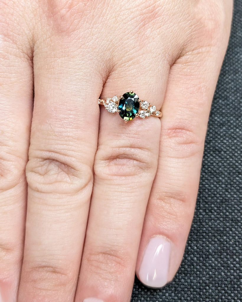 Blue Green sapphire ring. Peacock engagement ring. Oval Teal sapphire ring. 14k 18k rose gold engagement ring. Cluster diamond ring Art deco