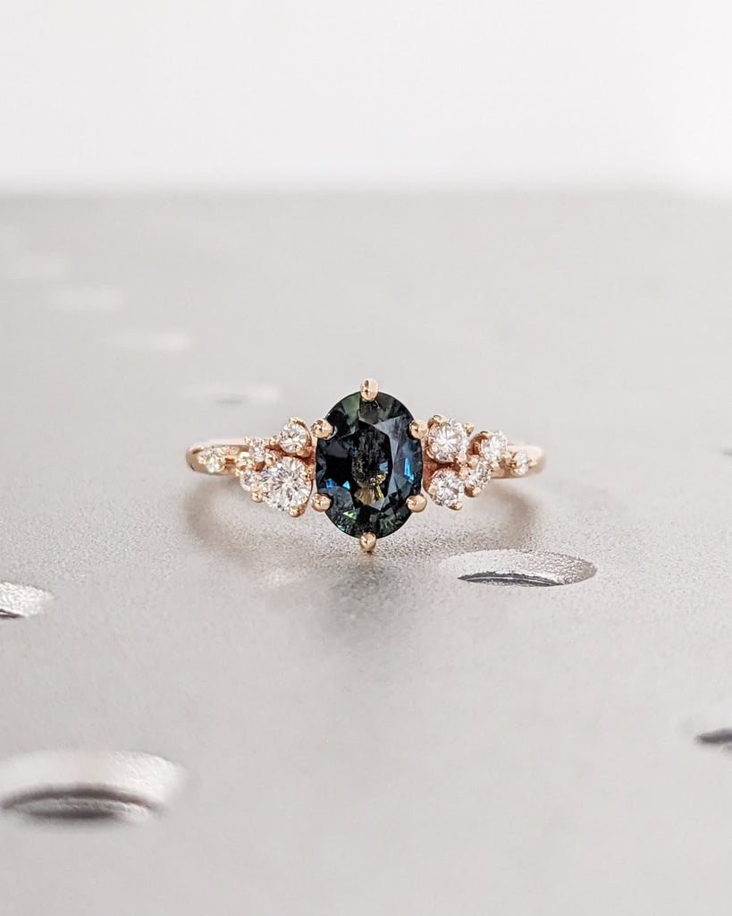 Blue Green sapphire ring. Peacock engagement ring. Oval Teal sapphire ring. 14k 18k rose gold engagement ring. Cluster diamond ring Art deco