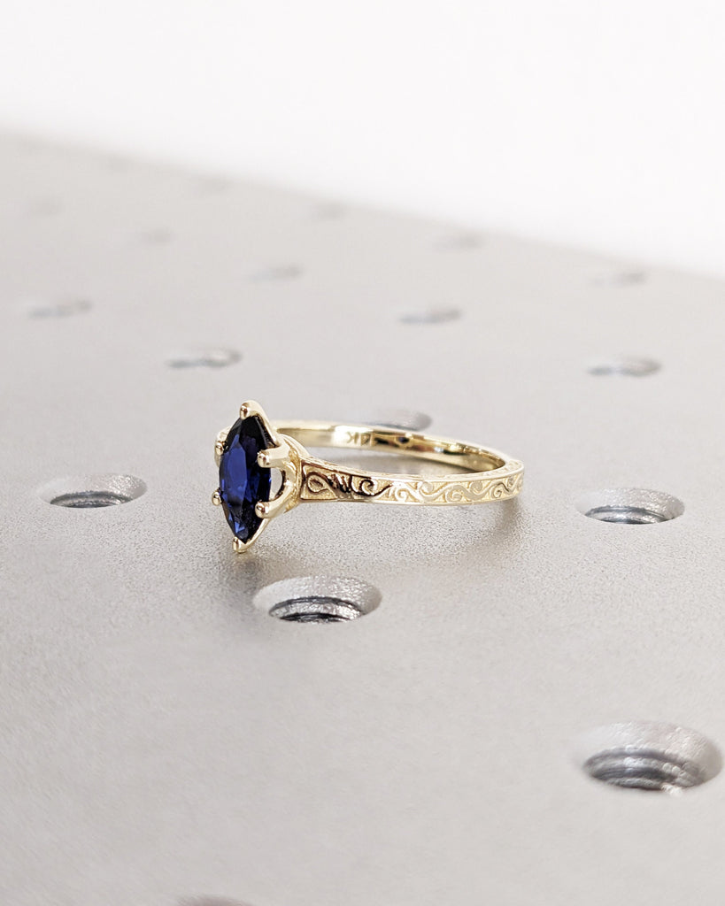 Solitaire Blue Lab Sapphire Art Deco Engagement Ring, 14K Yellow Gold Filigree Wedding Band, Petite Thin Band, Marquise Ring, Statement Ring