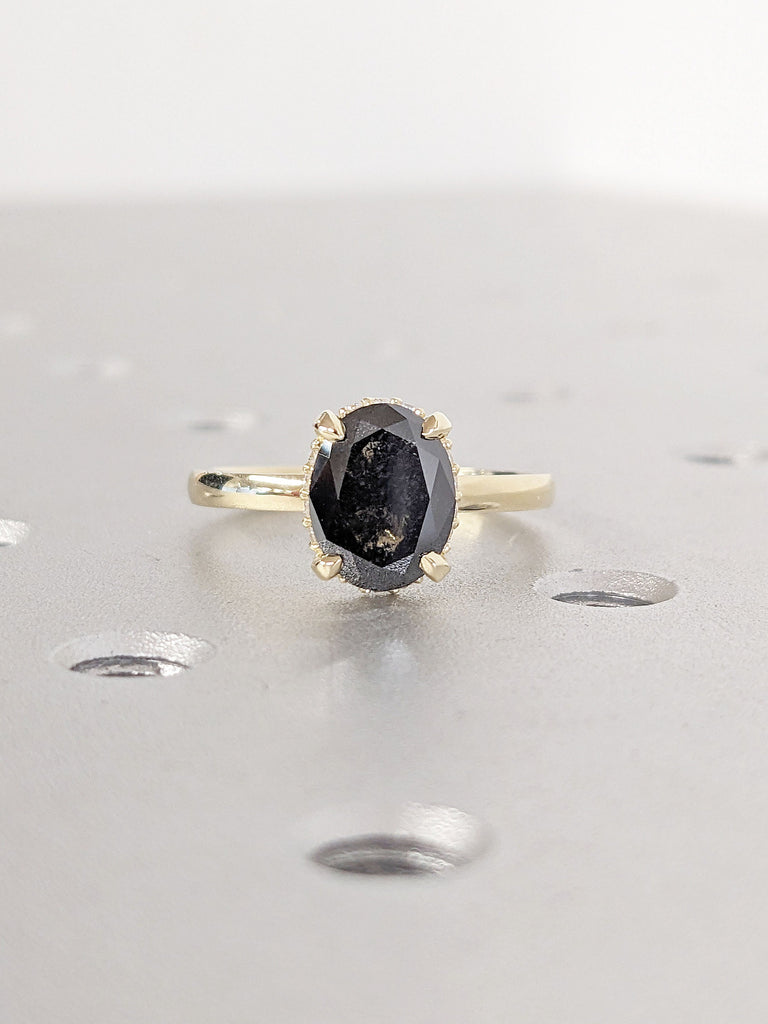 Solid Yellow Gold Solitaire Ring | Hidden Halo Engagement Ring | Natural Black Gray Diamond Wedding Anniversary Ring | Diamond Cluster Ring